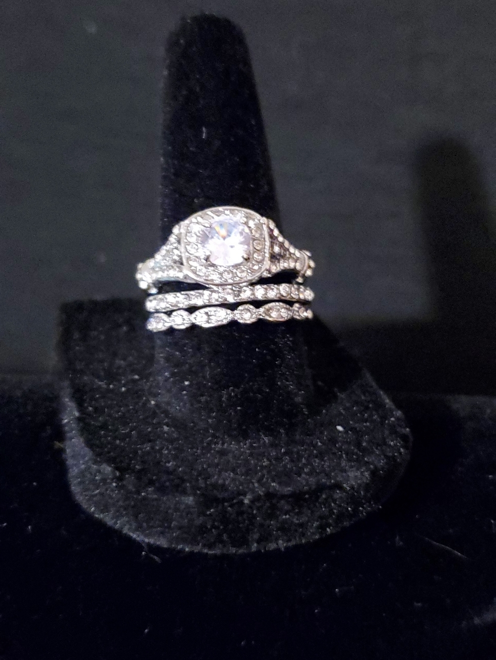 NEW THREE-PIECE RHODIUM AND SILVER BRIDAL SET 7 G HEAVY STACK SIZE 7.25 TO 7.5